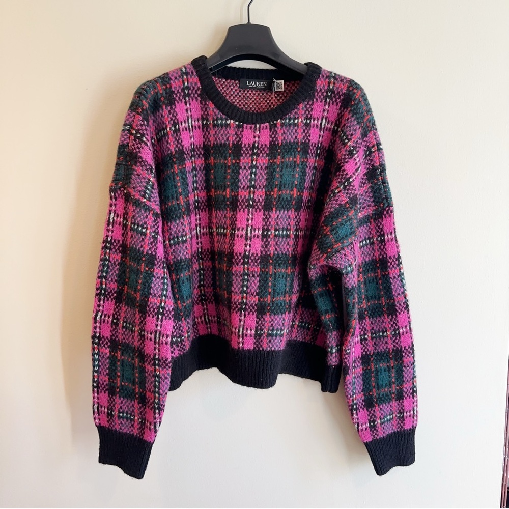 NWT LAUREN RALPH Sz XL Plaid Wool-Blend Sweater Sweater In Pink Multi Academia